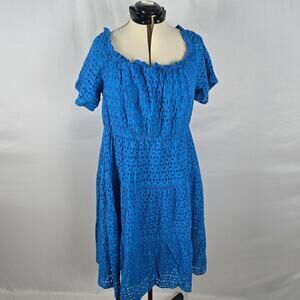 Lane Bryant Knit Dress Women's 18 Blue Short Sleeve Round Neck Ruffles Midi
